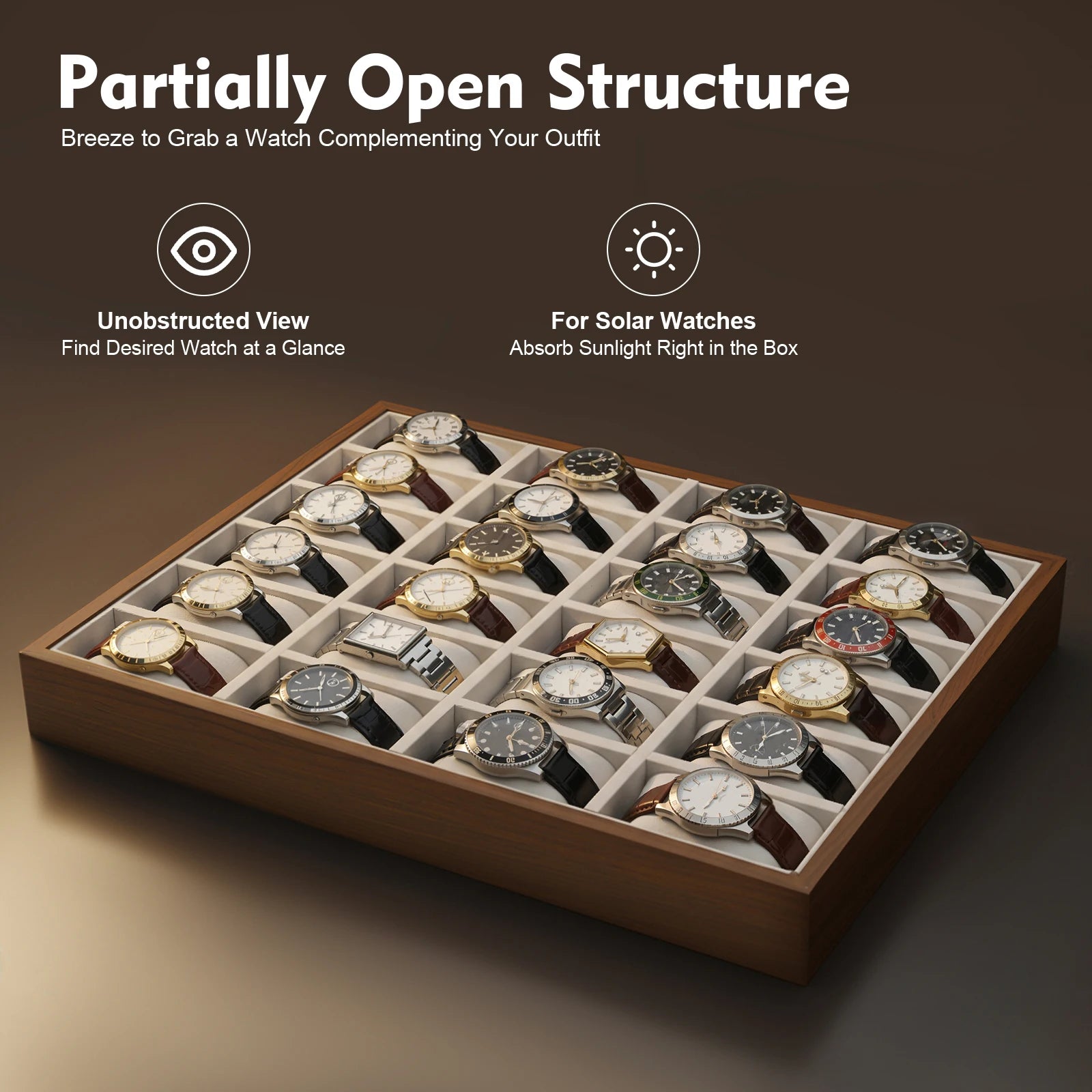 24 Slot Watch Box Watch Organizer Display Case Watch Collector Box with Removable Pillows for Watch Bracelet Cufflink - EverythingWhatYouWant