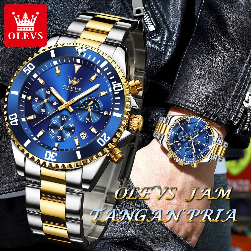 OLEVS Original Quartz Watch for Men Stainless Steel Waterproof Chronograph Moon Phase Auto Date Luxury Men's Sports Wristwatches - EverythingWhatYouWant