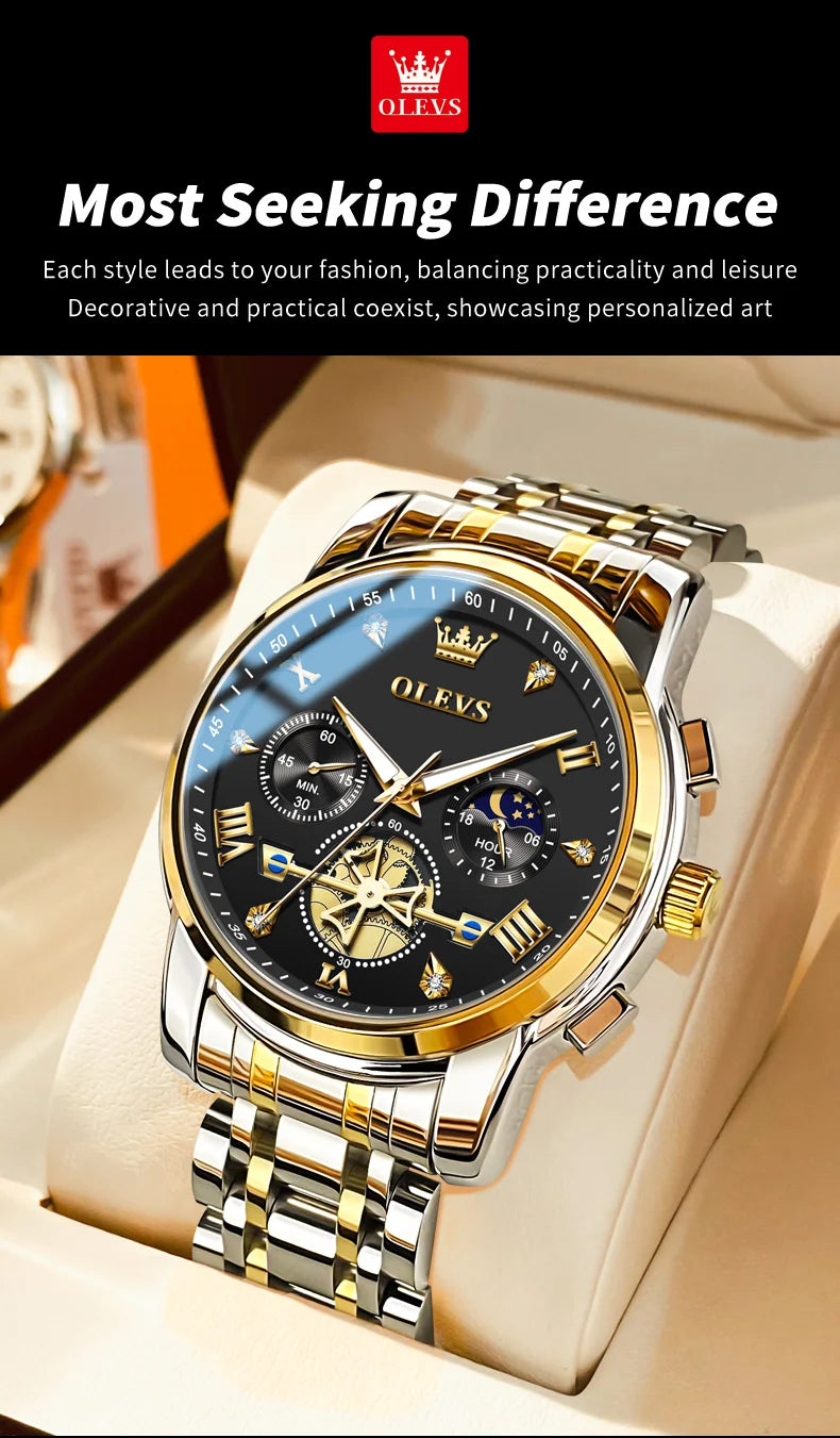 OLEVS 2856 Quartz Watch for Men Flywheel Skeleton Chronograph Moon Phase Multifunctional Stainless steel Men's Wristwatches - EverythingWhatYouWant