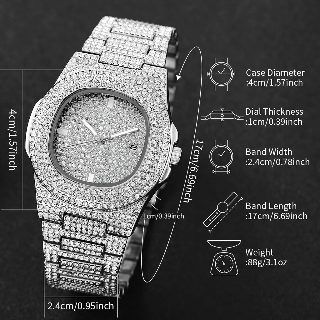 Luxury Full Diamond Men's Stainless Steel Watches Male Sports Quartz Wristwatch with Calendar - EverythingWhatYouWant