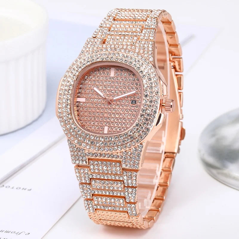 Luxury Full Diamond Men's Stainless Steel Watches Male Sports Quartz Wristwatch with Calendar - EverythingWhatYouWant
