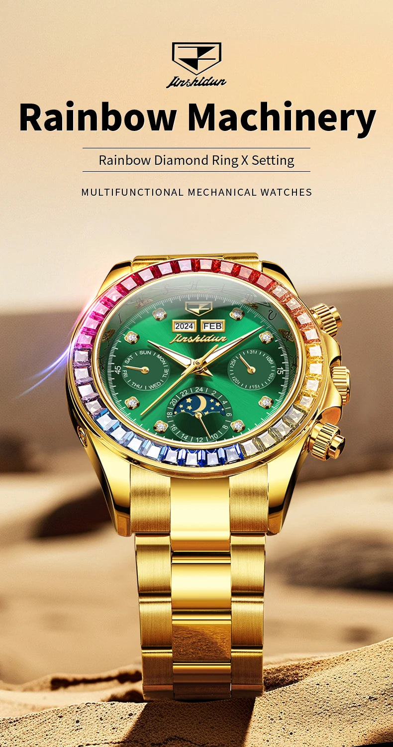 JSDUN 8974 New Moon Phase Automatic Watch for Men Gold Steel Strap Rainbow Diamond Lap Luxury Original Brand Mehcanical Watches - EverythingWhatYouWant