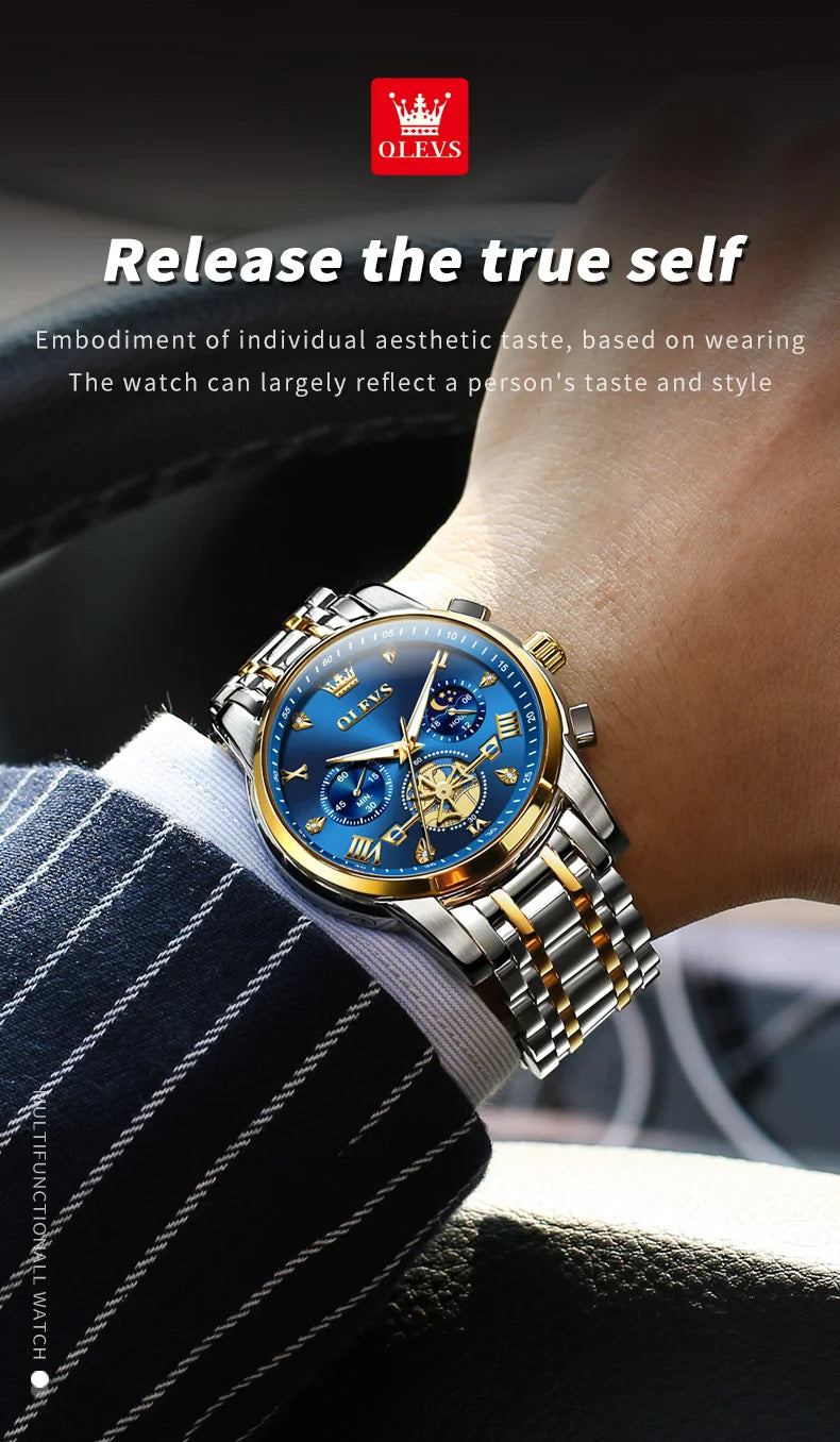 OLEVS 2856 Quartz Watch for Men Flywheel Skeleton Chronograph Moon Phase Multifunctional Stainless steel Men's Wristwatches - EverythingWhatYouWant