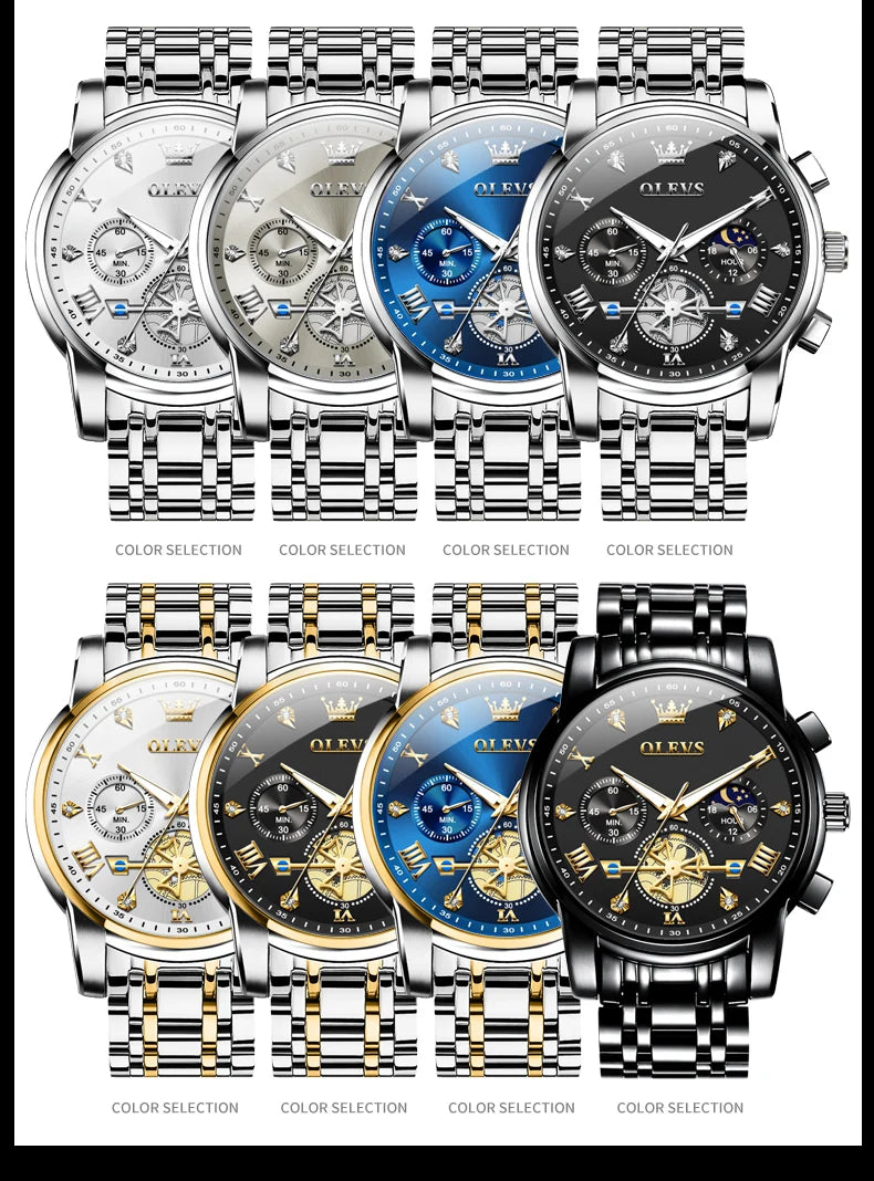 OLEVS 2856 Quartz Watch for Men Flywheel Skeleton Chronograph Moon Phase Multifunctional Stainless steel Men's Wristwatches - EverythingWhatYouWant