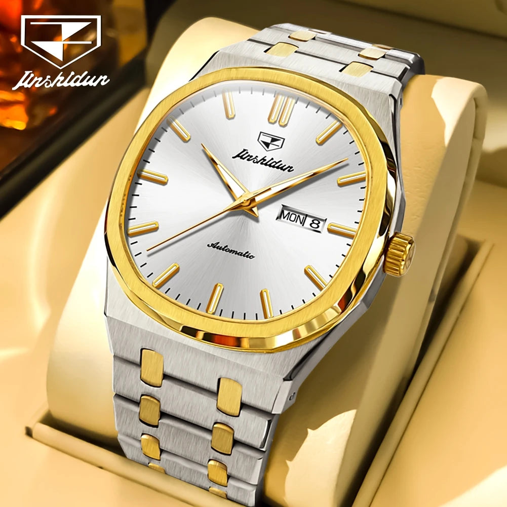 JSDUN 8966 Full Gold Watch for Men Automatic Mechanical Dual Calendar Display Waterproof Night light Man Wristwatch - EverythingWhatYouWant