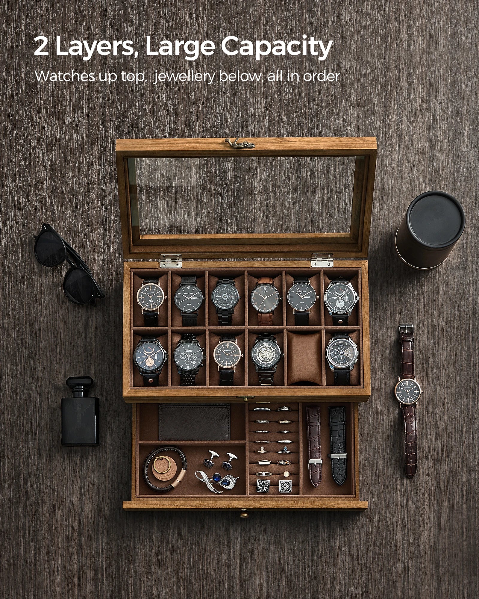 SONGMICS 12-Slot Watch Box, 2-Tier Watch Display Case with Large Glass Lid, Removable Watch Pillows, Velvet Lining, Jewelry Box - EverythingWhatYouWant