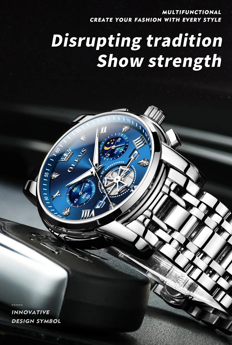 OLEVS 2856 Quartz Watch for Men Flywheel Skeleton Chronograph Moon Phase Multifunctional Stainless steel Men's Wristwatches - EverythingWhatYouWant