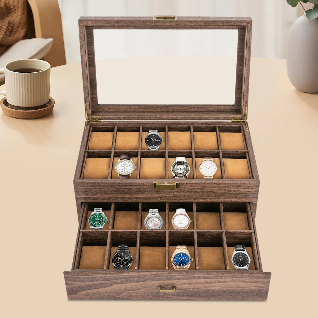 Watch Box, 2 Layers 24 Compartments, Watch Display Case with Transparent Window Veneer,Watch Box Organizer, Wooden W - EverythingWhatYouWant