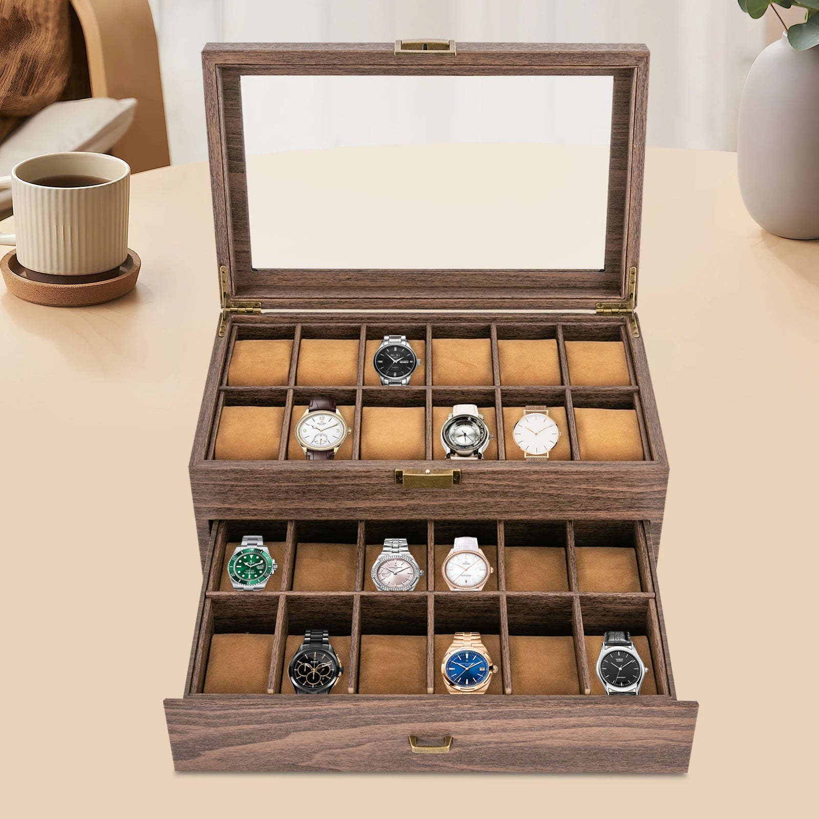 Watch Box, 2 Layers 24 Compartments, Watch Display Case with Transparent Window Veneer,Watch Box Organizer, Wooden W - EverythingWhatYouWant
