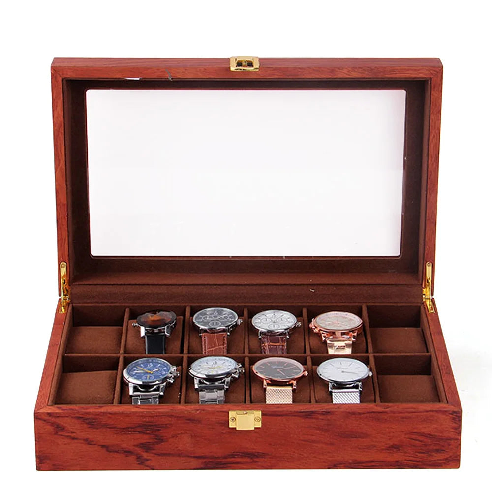 Watch Box, 12 Slot Watch Display Wooden Case, Transparent, Glass Organizer Storage for Men and Women, Brown - EverythingWhatYouWant