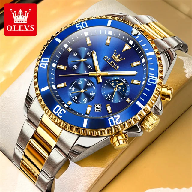 OLEVS Original Quartz Watch for Men Stainless Steel Waterproof Chronograph Moon Phase Auto Date Luxury Men's Sports Wristwatches - EverythingWhatYouWant
