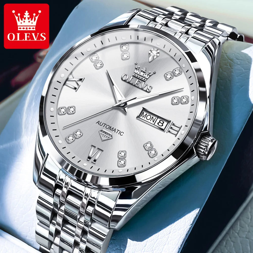 OLEVS 9801 Mens Watch Original Waterproof Luminous Watches For Men Automatic Mechanical Watch Dual Calendar Display Mens Gifts - EverythingWhatYouWant
