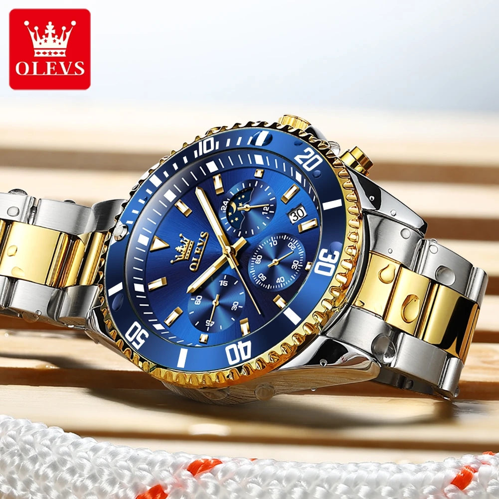 OLEVS Original Quartz Watch for Men Stainless Steel Waterproof Chronograph Moon Phase Auto Date Luxury Men's Sports Wristwatches - EverythingWhatYouWant
