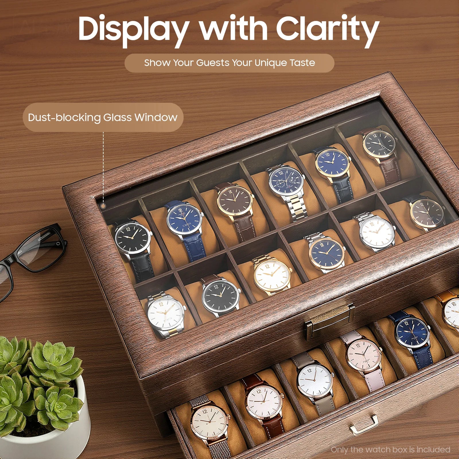 2-Tier Watch Holder Organizer With 24 Compartments Large Capacity Watch Box Wood Watch Case for Men and Women - EverythingWhatYouWant