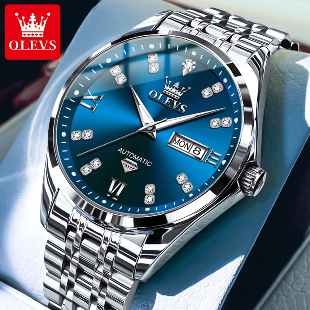 OLEVS 9801 Mens Watch Original Waterproof Luminous Watches For Men Automatic Mechanical Watch Dual Calendar Display Mens Gifts - EverythingWhatYouWant