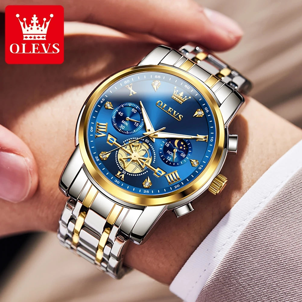 OLEVS 2856 Quartz Watch for Men Flywheel Skeleton Chronograph Moon Phase Multifunctional Stainless steel Men's Wristwatches - EverythingWhatYouWant
