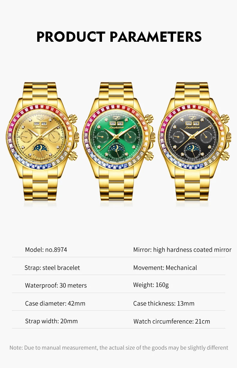 JSDUN 8974 New Moon Phase Automatic Watch for Men Gold Steel Strap Rainbow Diamond Lap Luxury Original Brand Mehcanical Watches - EverythingWhatYouWant