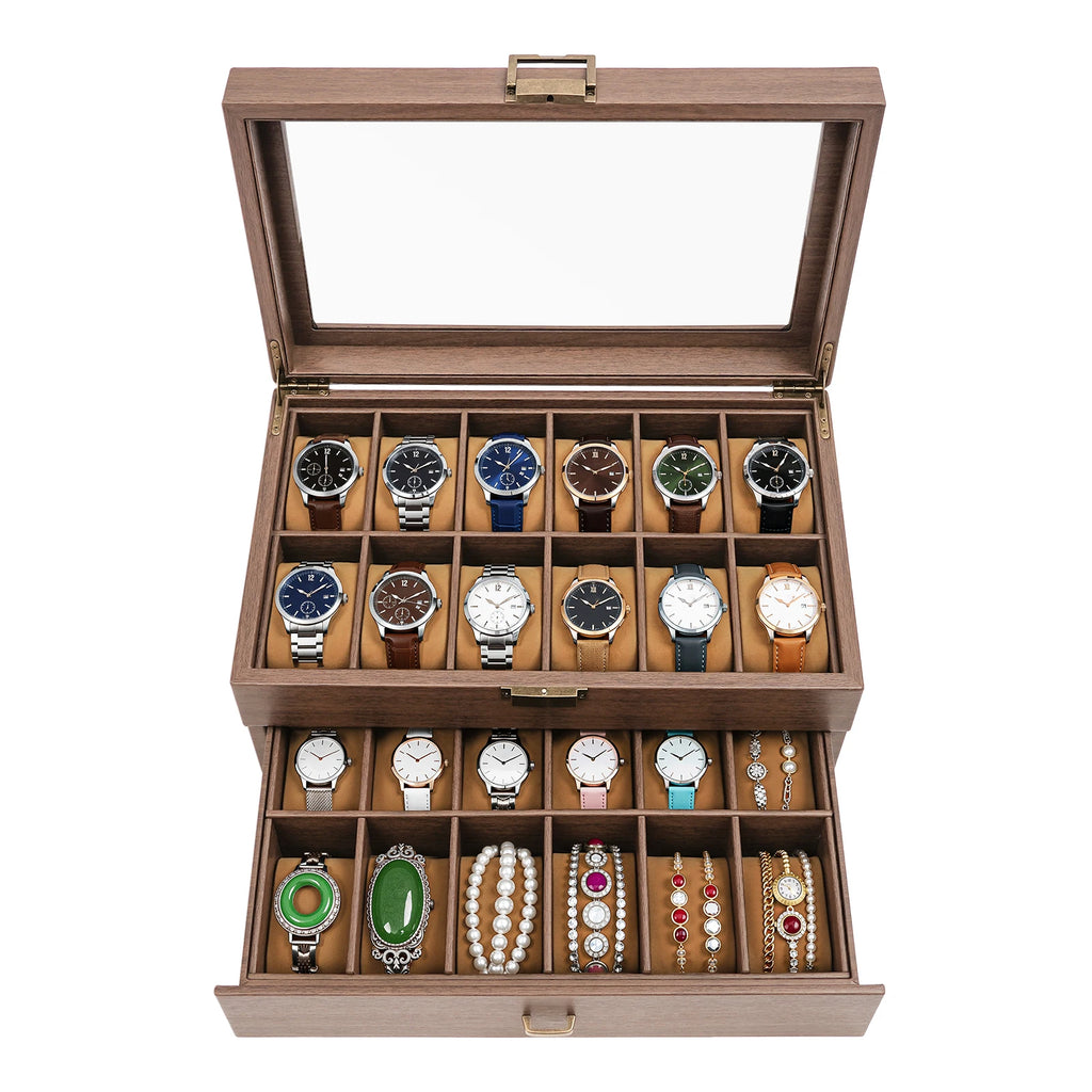 2-Tier Watch Holder Organizer With 24 Compartments Large Capacity Watch Box Wood Watch Case for Men and Women - EverythingWhatYouWant
