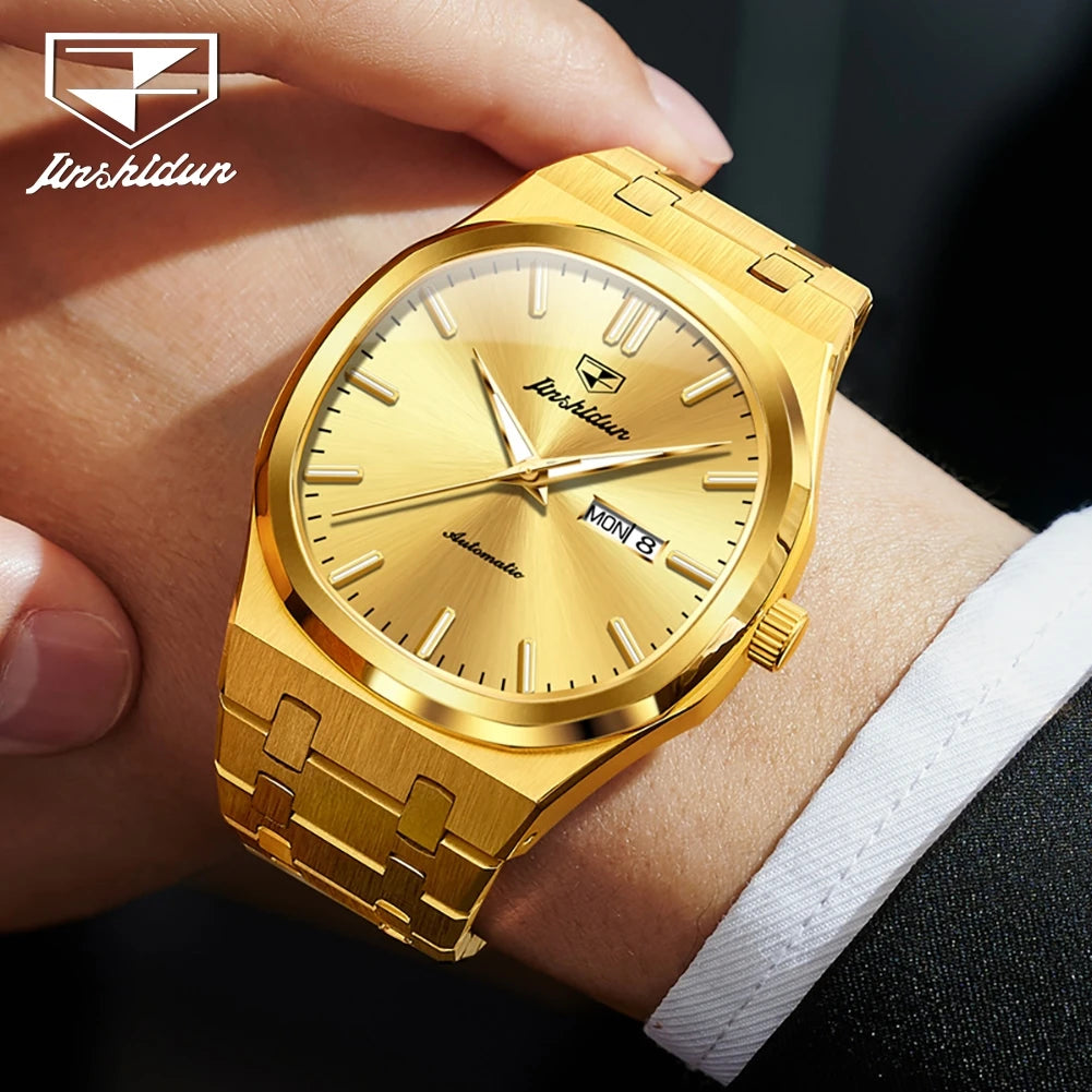 JSDUN 8966 Full Gold Watch for Men Automatic Mechanical Dual Calendar Display Waterproof Night light Man Wristwatch - EverythingWhatYouWant