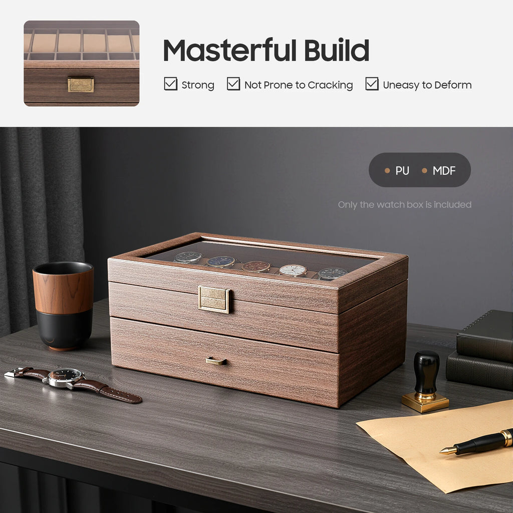 2-Tier Watch Holder Organizer With 24 Compartments Large Capacity Watch Box Wood Watch Case for Men and Women - EverythingWhatYouWant