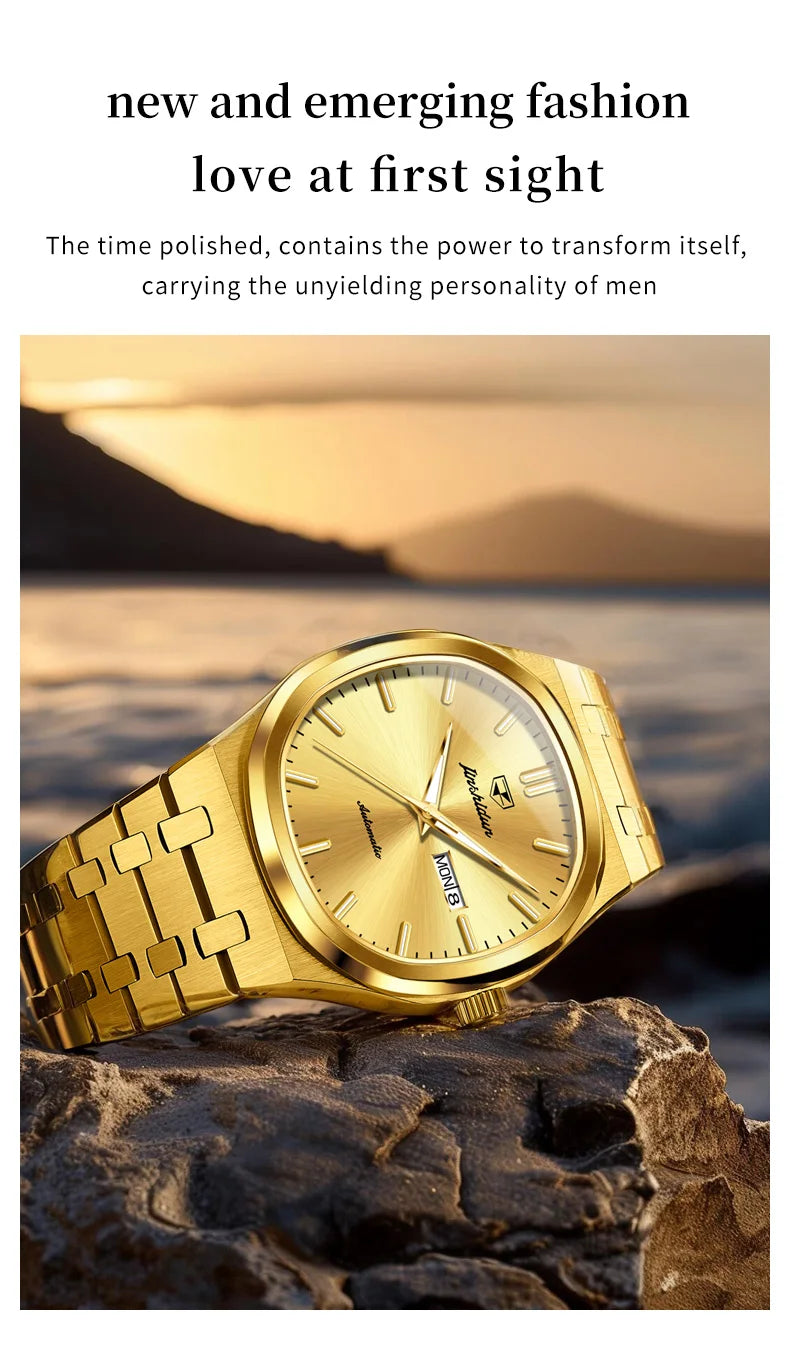 JSDUN 8966 Full Gold Watch for Men Automatic Mechanical Dual Calendar Display Waterproof Night light Man Wristwatch - EverythingWhatYouWant