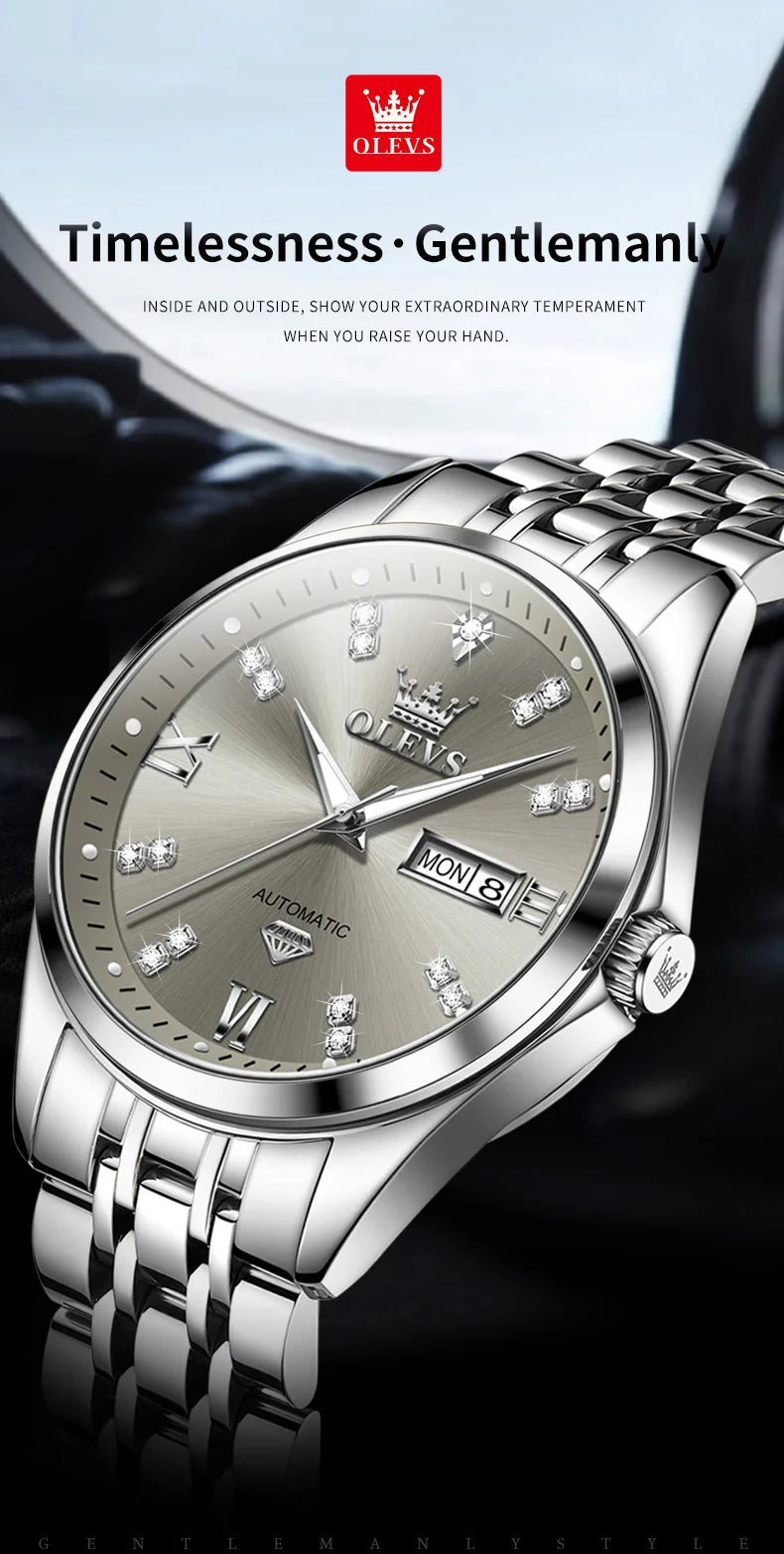 OLEVS 9801 Mens Watch Original Waterproof Luminous Watches For Men Automatic Mechanical Watch Dual Calendar Display Mens Gifts - EverythingWhatYouWant