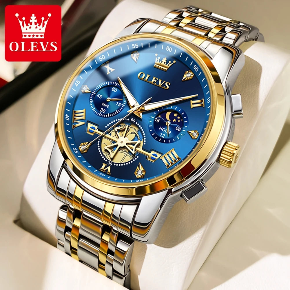 OLEVS 2856 Quartz Watch for Men Flywheel Skeleton Chronograph Moon Phase Multifunctional Stainless steel Men's Wristwatches - EverythingWhatYouWant