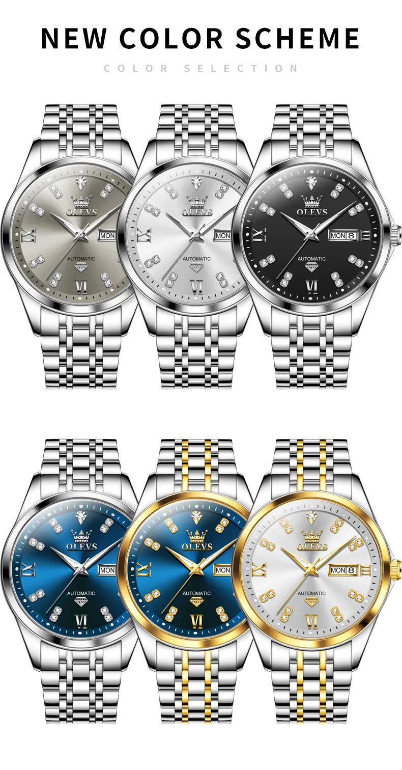 OLEVS 9801 Mens Watch Original Waterproof Luminous Watches For Men Automatic Mechanical Watch Dual Calendar Display Mens Gifts - EverythingWhatYouWant