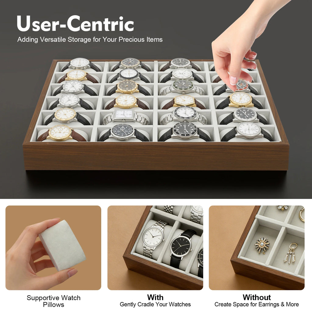 24 Slot Watch Box Watch Organizer Display Case Watch Collector Box with Removable Pillows for Watch Bracelet Cufflink - EverythingWhatYouWant