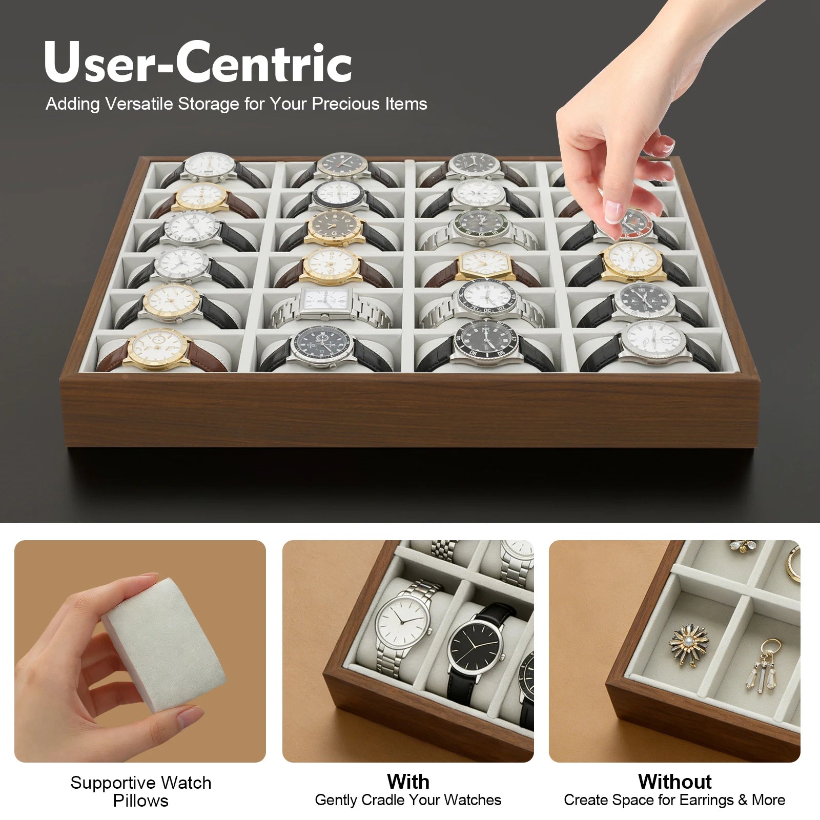 24 Slot Watch Box Watch Organizer Display Case Watch Collector Box with Removable Pillows for Watch Bracelet Cufflink - EverythingWhatYouWant