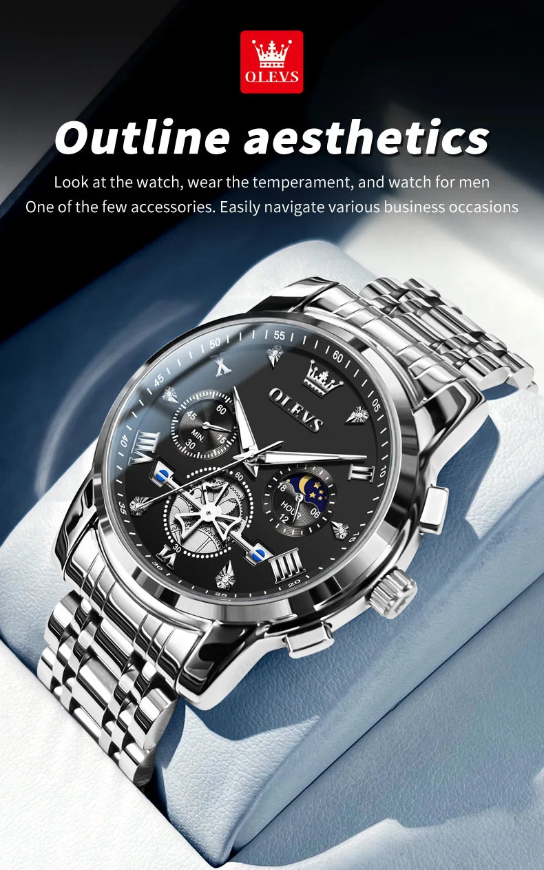 OLEVS 2856 Quartz Watch for Men Flywheel Skeleton Chronograph Moon Phase Multifunctional Stainless steel Men's Wristwatches - EverythingWhatYouWant