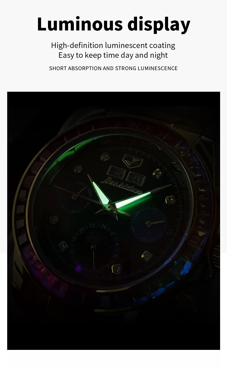 JSDUN 8974 New Moon Phase Automatic Watch for Men Gold Steel Strap Rainbow Diamond Lap Luxury Original Brand Mehcanical Watches - EverythingWhatYouWant