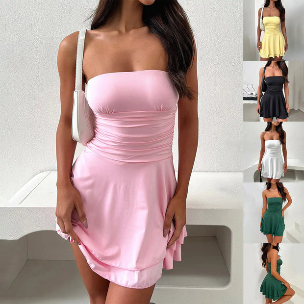 Y2K Tube-top Short Dress Summer Sexy Pleated Tight Dresses For Womens Clothing - EverythingWhatYouWant